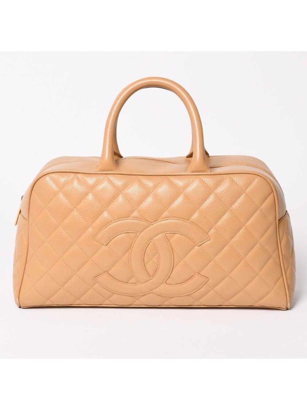 Chanel Quilted Handbag Mini Boston Shape Bag CC Logo Caviar Leather Beige